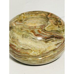 Vintage ALABASTER Candle holder Turned Stone Layered Colors Made in Pakistan 4”